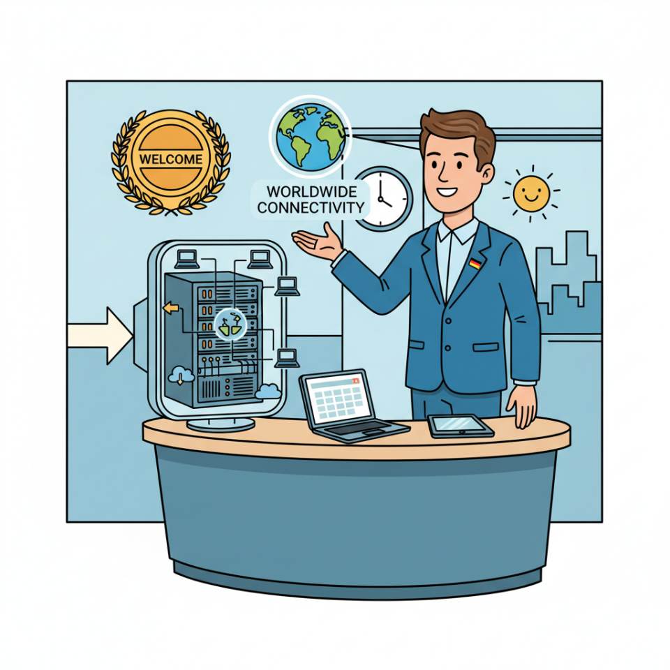 Comic-Darstellung eines Empfangsmitarbeiters hinter einer Rezeption mit Telefon, Computer und Gästebuch