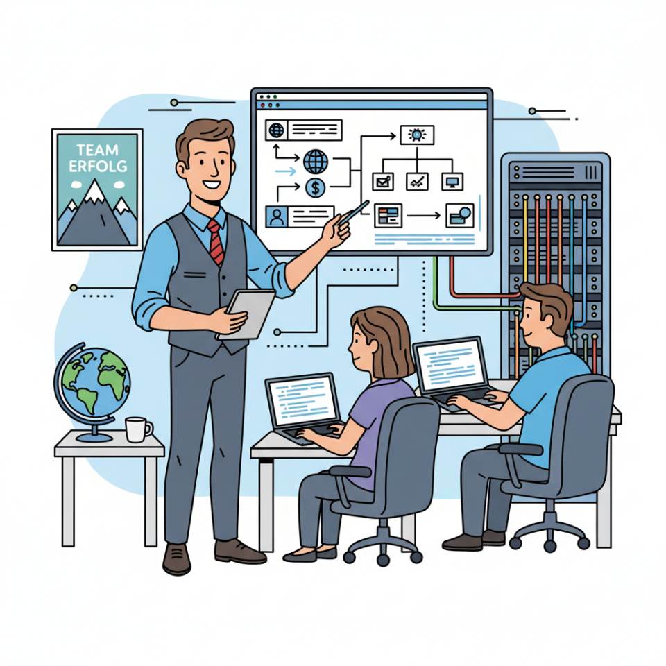 Comic illustration of a team leader with a tablet coordinating tasks with a team in a modern office