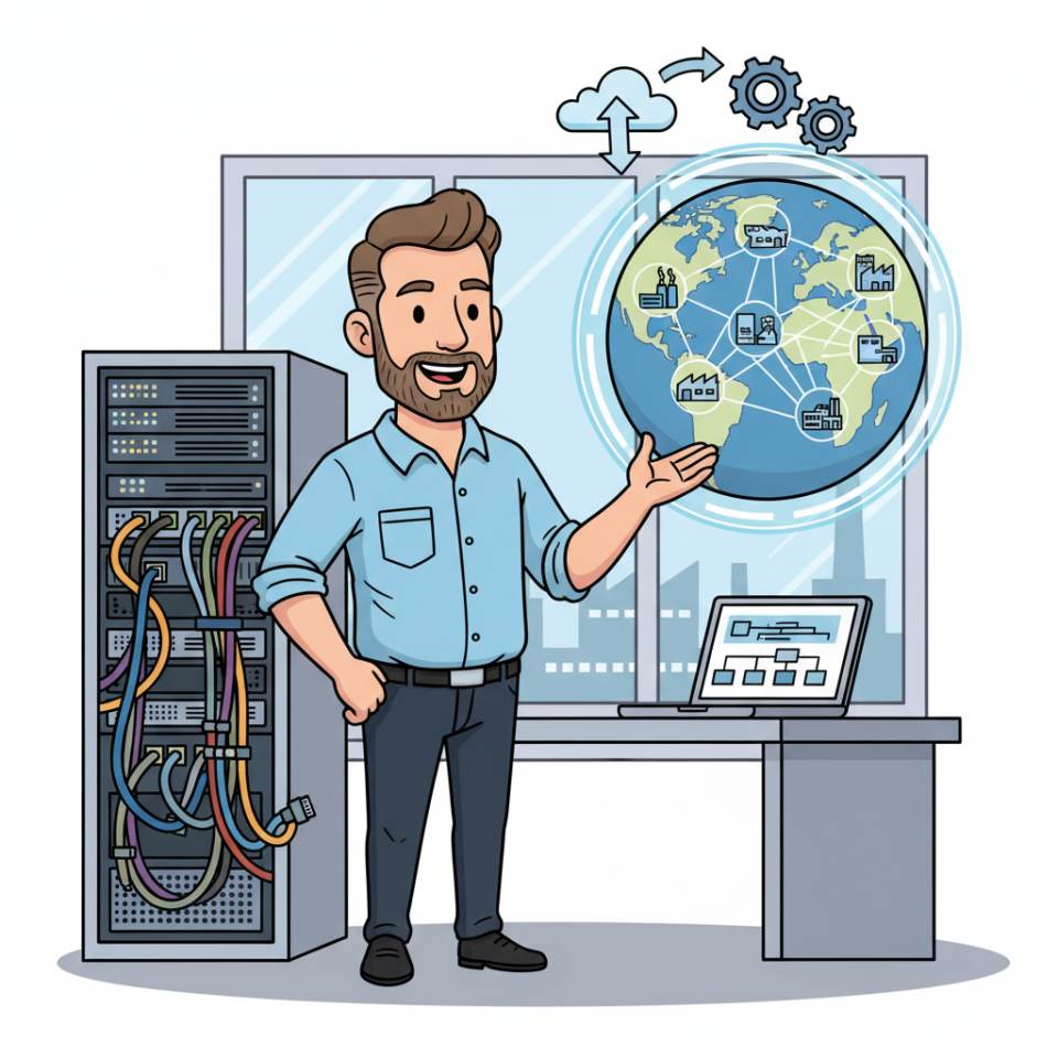 Ilustración cómic de un jefe de planta con tablet, panel de KPI y equipo en una nave de producción