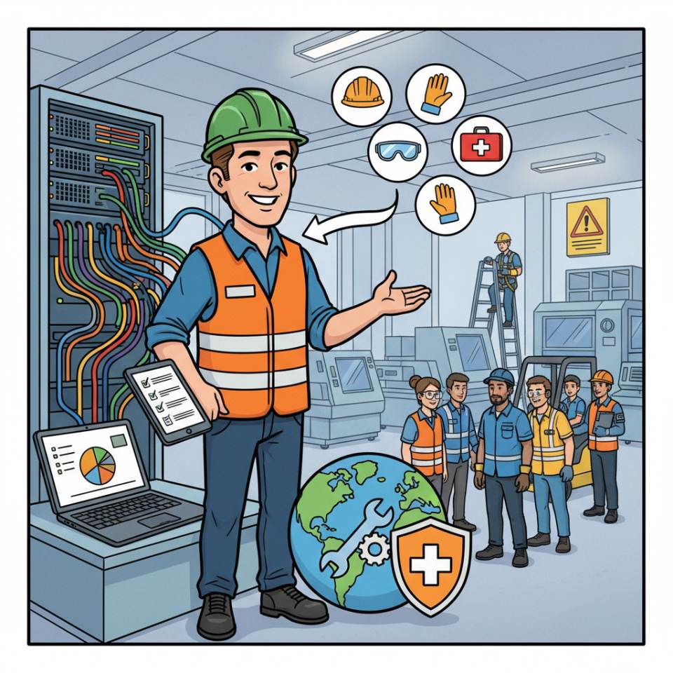Ilustración cómic de un especialista en seguridad laboral con casco, lista de control, señal de aviso y plan de recorrido en la planta