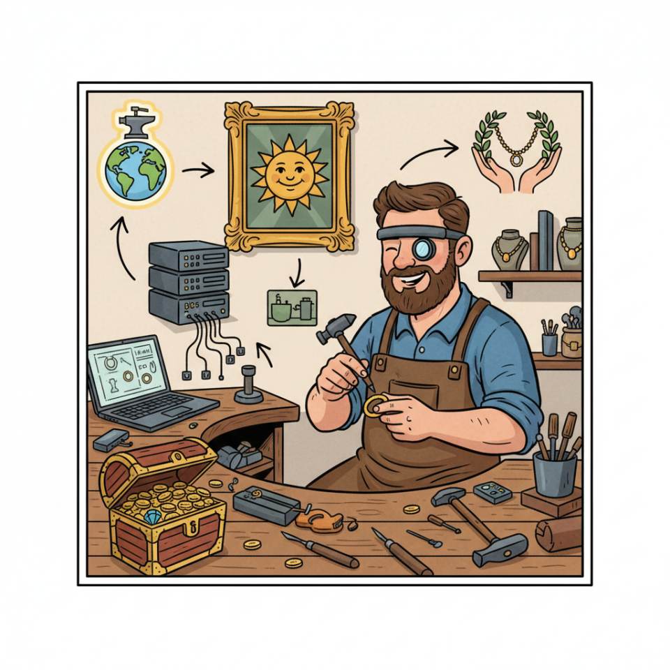 Ilustración tipo cómic de un orfebre en el banco de trabajo con lupa, lima y una joya