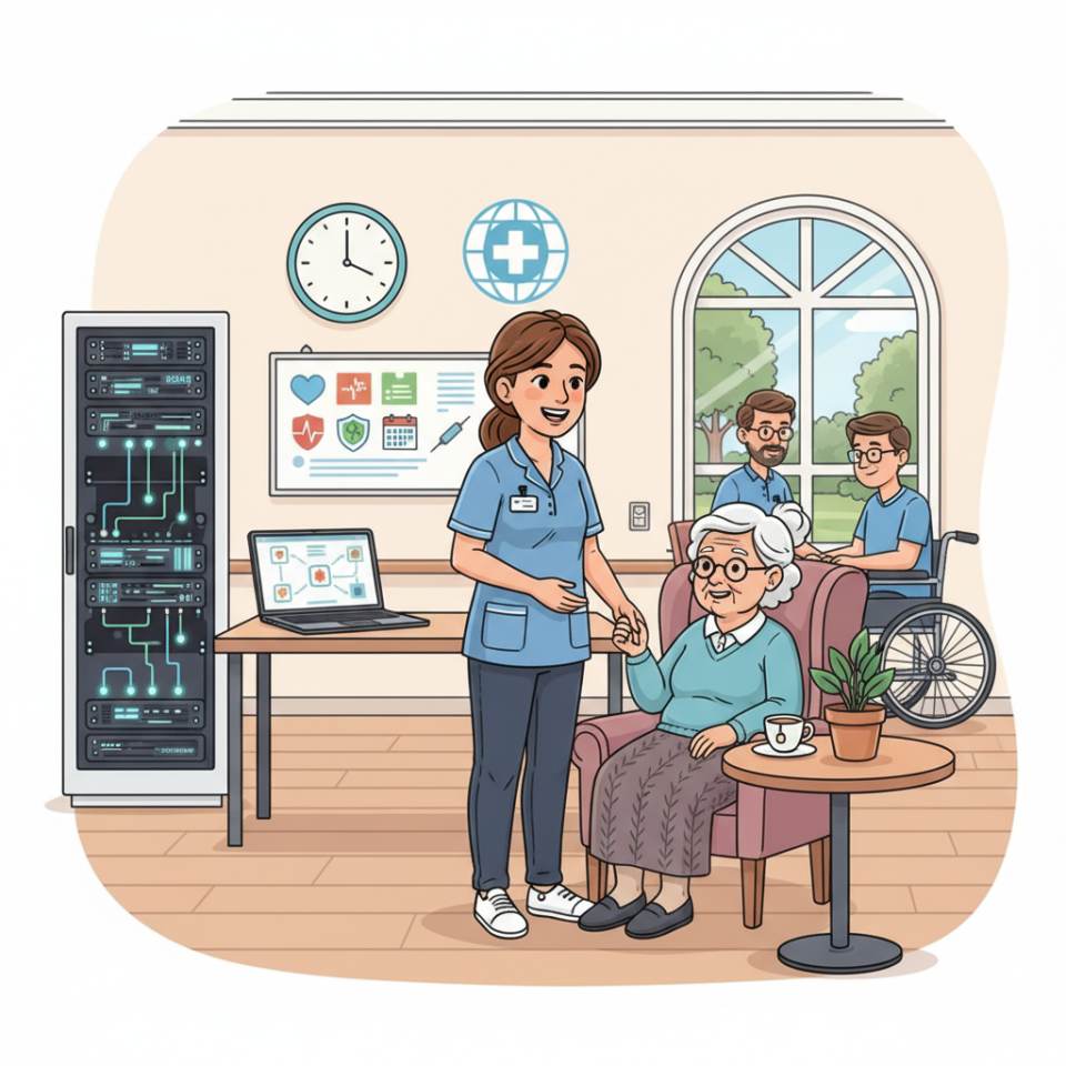 Ilustración tipo cómic de una persona de enfermería con tablet y carro de cuidados junto a la cama de un paciente en una planta luminosa