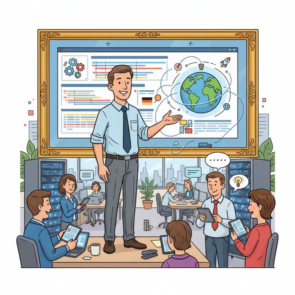 Ilustración cómica de un jefe de proyecto con portátil, diagrama de Gantt, notas adhesivas y equipo en la mesa de proyecto en la oficina