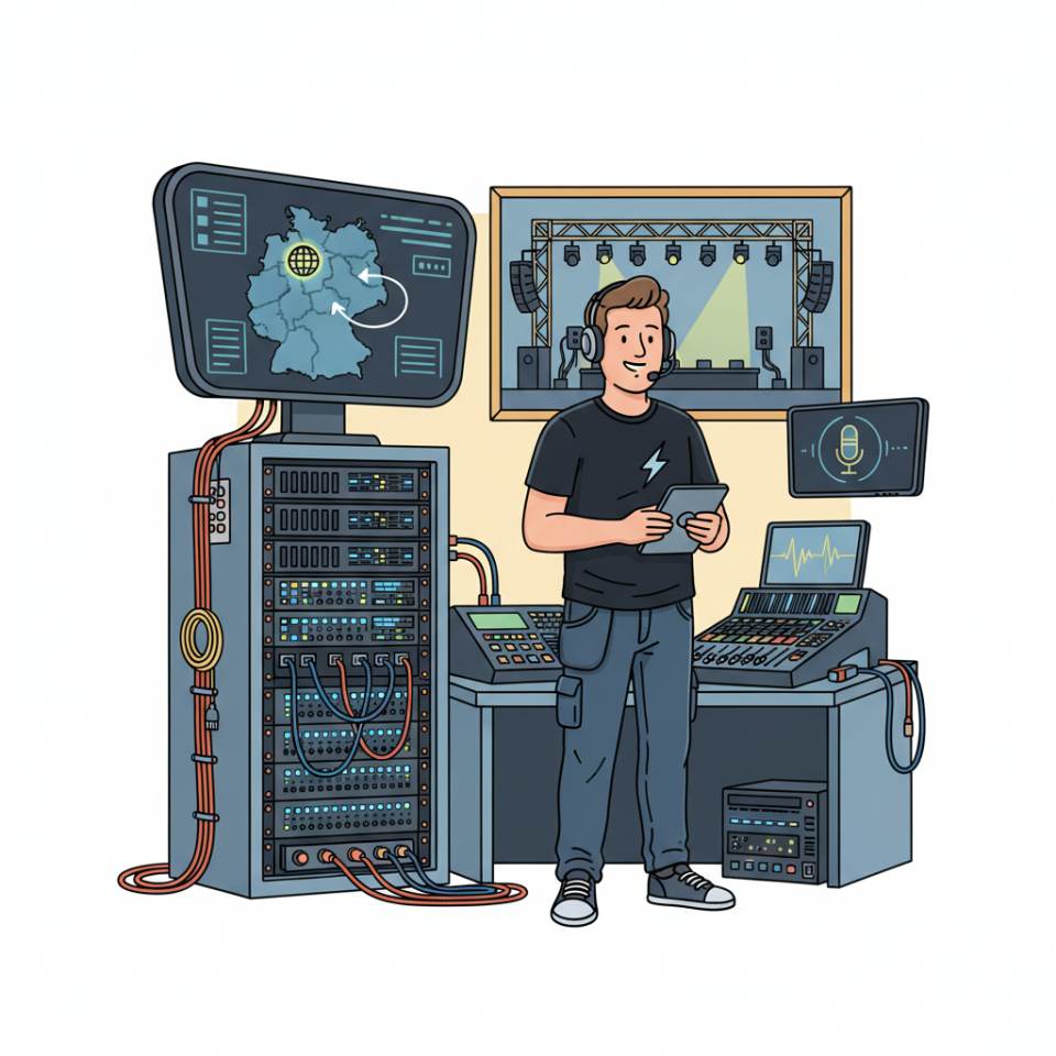 Ilustración tipo cómic de un técnico de eventos con auriculares en una consola de luces y sonido en el escenario